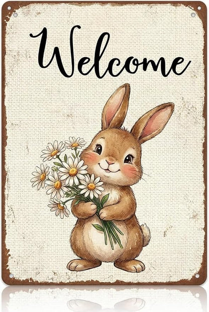 Funny Bunny Tulip Welcome Metal Sign Easter Spring Decor Rabbit Lovers Gift Rustic Farmhouse Wall Art For Home Porch Entryway 8x12Inch