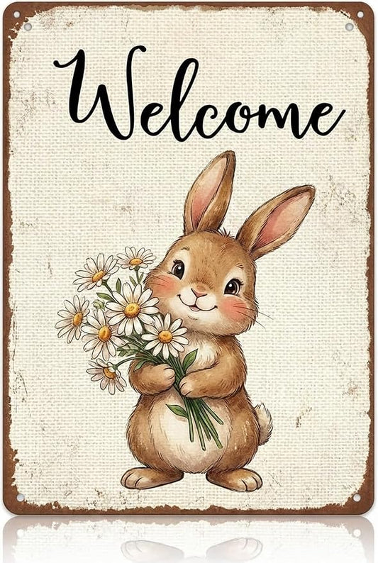 Funny Bunny Tulip Welcome Metal Sign Easter Spring Decor Rabbit Lovers Gift Rustic Farmhouse Wall Art For Home Porch Entryway 8x12Inch