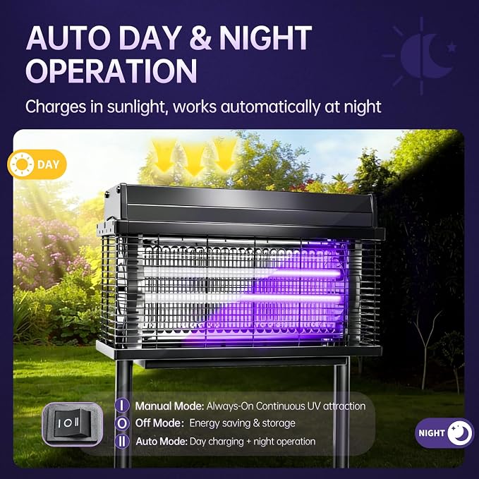 Solar Bug Zapper Outdoor, Purple UV Mosquito Zapper with Smart Rain Off Rechargeable Mosquito Killer Lamp, Wireless Solar Powered Fly Trap for Yard Patio(Midnight Black)