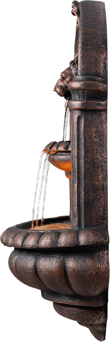 Teamson Home 32.1 in. Wall-Mounted Lion Head Stone LED Outdoor Water Fountain for Gardens, Landscaping, Patios, Balconies, Lawns to Create a Calming Oasis in Outdoor Living Spaces, Antique Bronze | Lion Head, Tiered Water Feature, LED Light, For Garden...