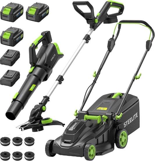 STEELITE 40V(2x20V) 17-inch Electric Lawn Mower, 12-Inch Cordless String Trimmer and 500CFM Leaf Blower Combo, Cordless Lawn Mower Set with 3x4.0Ah Batteries and Dual Chargers