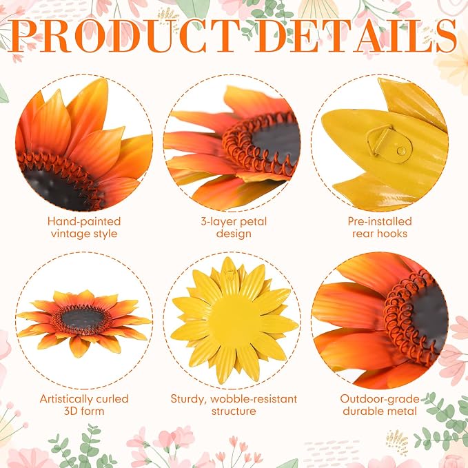 Beeveer 14 Pcs Metal Flower Decor 3D Sunflower Daisy Multicolored Garden Art Outdoor Decorations Butterfly Bee Ladybug Wall Art for Yard Fence Home