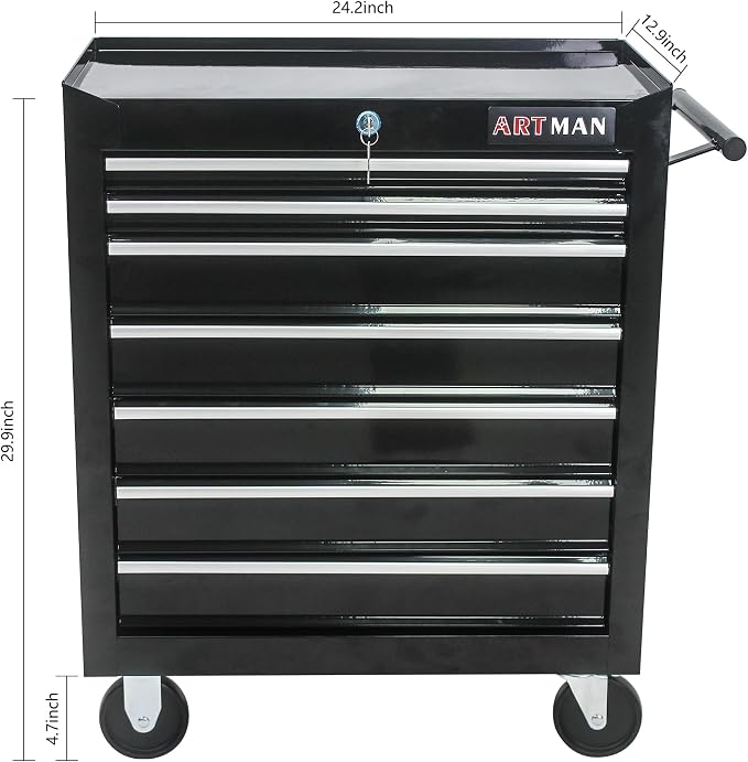 Tool Chest with 7-Drawer Tool Box Organizers and Storage,Rolling Multifunctional Tool Cart on Wheels,Tool Storage Organizer Cabinets with Key Locking for Garage, Warehouse, Repair Shop. (Black)