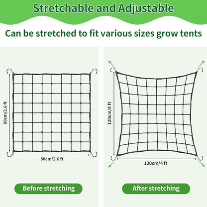 Trellis Netting, 2 Pack Scrog Nets with 8 Hooks, 4x4 Trellis Net for Grow Tent, Heavy-Duty Plant Net for Cucumber Gardening and Horticulture, Grow Tent Accessories