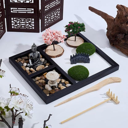 WEBEEDY Mini Zen Garden Kit for Desk, Japanese Mini Sand Box Set DIY Desktop Meditation Set Includes Sand, Buddha Statue & Rake for Home Office Desk Yoga Zen Decor Spiritual Gift, 8.5x6.8 Inch