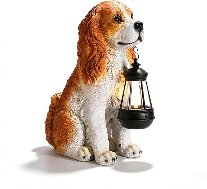 Afirst Dog Garden Statue - Outdoor Decor with Solar Lantern Valentine's Day Gift Lovely American Cocker Spaniel Figurine Patio Lawn Yard Art Ornaments Housewarming Gift