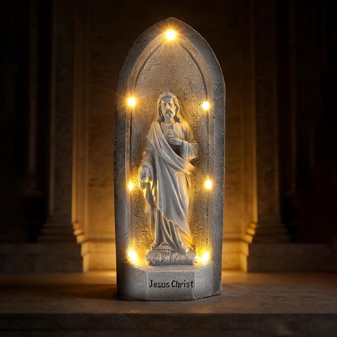 11.4" 7 Solar Light Jesus Statue Outdoor Decor, Religious Blessed Father Statue with LED Light, IP44 Waterproof Outdoor Figurine for Home/Garden Decor, Gift for Men/Father
