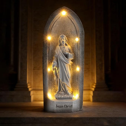 11.4" 7 Solar Light Jesus Statue Outdoor Decor, Religious Blessed Father Statue with LED Light, IP44 Waterproof Outdoor Figurine for Home/Garden Decor, Gift for Men/Father