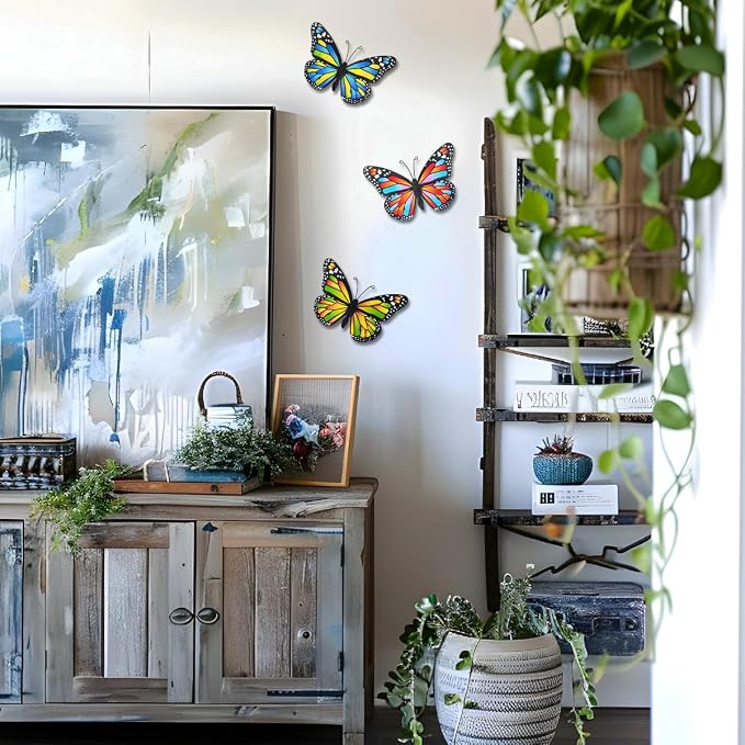EOORAU Metal Butterfly Wall Decor - 3 Pack Lifelike Butterflies Wall Art Sculpture Hanging Decorations for Indoor or Outdoor, Yard Patio Fence Garden Decoration
