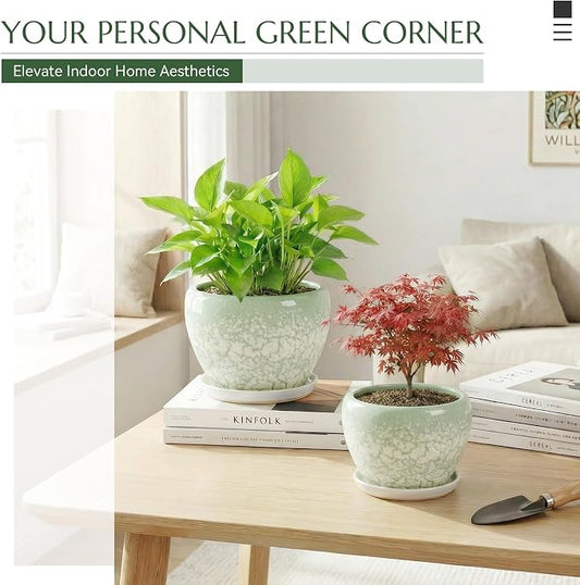 10.2 Inch Ceramic Planter with Saucer Leak-Proof Mesh &Drainage, Round Plant Pot with Gardening Gloves for Indoor Outdoor Plants (Jade Green)