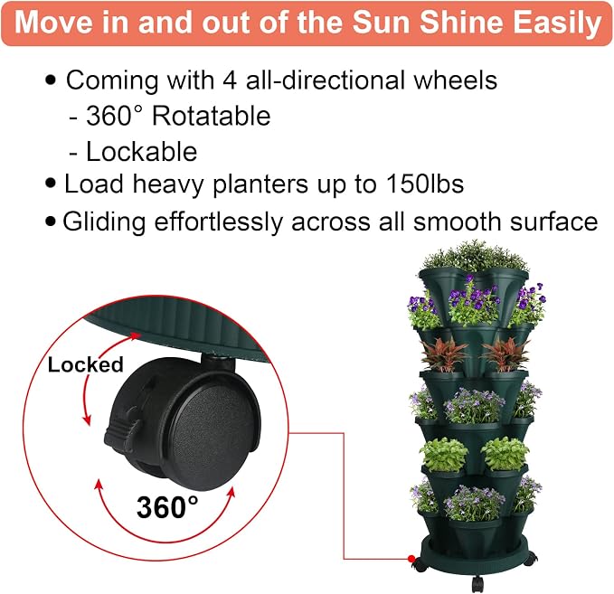 GameXcel Vertical Planter Tower - 6 Tier Stackable Garden Planters with Wheels and Tools Plant Pots for Strawberry Herb Flower and Vegetable Indoor Outdoor Use Green