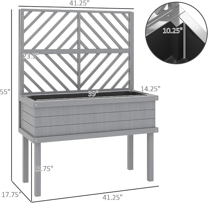 Outsunny Raised Garden Bed with Trellis for Climbing Plants, Vegetable, Grape Vines, Elevated Planter Box with Legs, Drainage Holes and Filter for Outdoor Garden, Patio, Gray