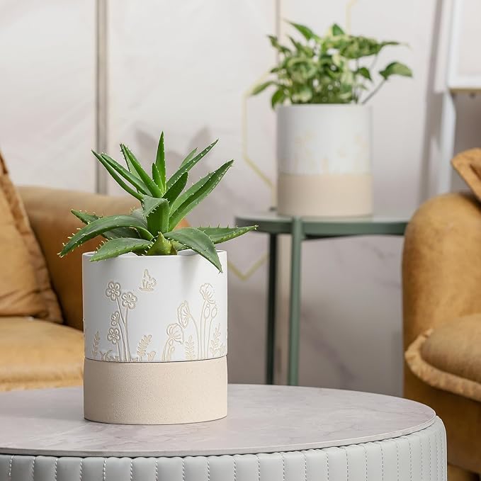Nihow Self Watering Pots for Indoor Plants,6 Inch,White & Nature | Hand Painting,Ceramic Planter, Drainage Hole & Water Storage Plus, Cylinder Round Flower Pot, For Succulent/Herbs/Violets