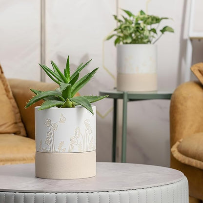 Nihow Self Watering Pots for Indoor Plants,6 Inch,White & Nature | Hand Painting,Ceramic Planter, Drainage Hole & Water Storage Plus, Cylinder Round Flower Pot, For Succulent/Herbs/Violets