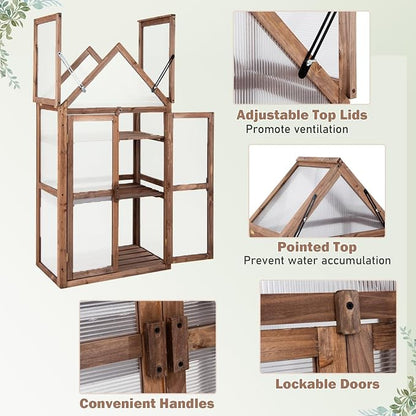 Happygrill Cold Frame, Mini Wooden Green House w/Transparent Openable Roof, Raised Flower Planter Shelf w/3 Adjustable Shelves & Polycarbonate Panels, Small Wood Greenhouse Cabinet for Indoor Outdoors