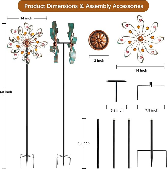 Large Metal Wind Spinners Outdoor, Double-Layer Yard Wind Spinner Outdoor with Stake, Kinetic Windmill for Yard and Garden, Lawn, Patio (60"× 14")
