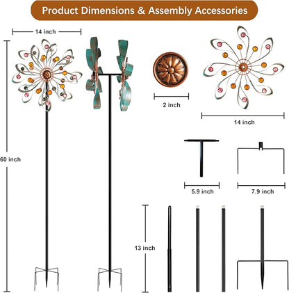 Large Metal Wind Spinners Outdoor, Double-Layer Yard Wind Spinner Outdoor with Stake, Kinetic Windmill for Yard and Garden, Lawn, Patio (60"× 14")