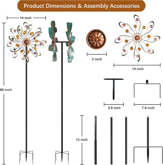 Large Metal Wind Spinners Outdoor, Double-Layer Yard Wind Spinner Outdoor with Stake, Kinetic Windmill for Yard and Garden, Lawn, Patio (60"× 14")