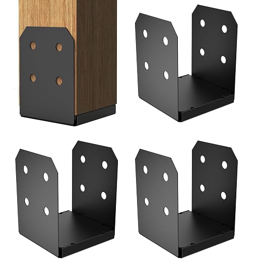 8x8 Post Base Brackets 4-Pack (7.5x7.5in Actual) - Heavy Duty Deck Post Anchor for Pergola, Gazebo, Playset - Black Powder Coated Steel with Standoff