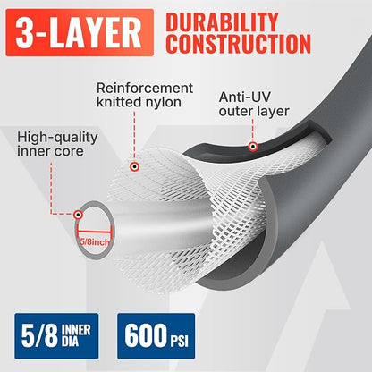 YAMATIC 75ft Flexible Garden Hose 5/8in with Swivel Handle, Burst 600 PSI | 75ft Heavy Duty Hybrid Water Hose with 3/4" Brass Connections for All Weather Lawn Yard Agriculture, 360° Rotating Fittings