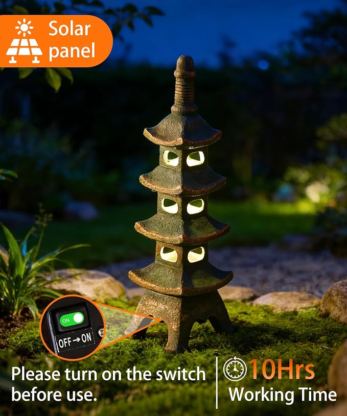 Nacome Solar Pagoda Garden Statues: 25.6 inches Multi-Layer Outdoor Weatherproof Resin Zen Decor for Landscape Balcony Patio Porch Yard Ornament(Bronze)