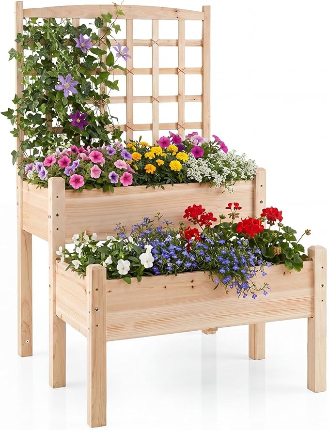 Giantex Raised Garden Bed with Trellis, 2-Tier Elevated Planter Box for Climbing Plants, Flowers, Vegetables, Herbs, Outdoor Wooden Vertical Garden Bed with Drainage Holes, for Patio Backyard Balcony
