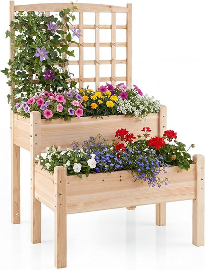 Giantex Raised Garden Bed with Trellis, 2-Tier Elevated Planter Box for Climbing Plants, Flowers, Vegetables, Herbs, Outdoor Wooden Vertical Garden Bed with Drainage Holes, for Patio Backyard Balcony
