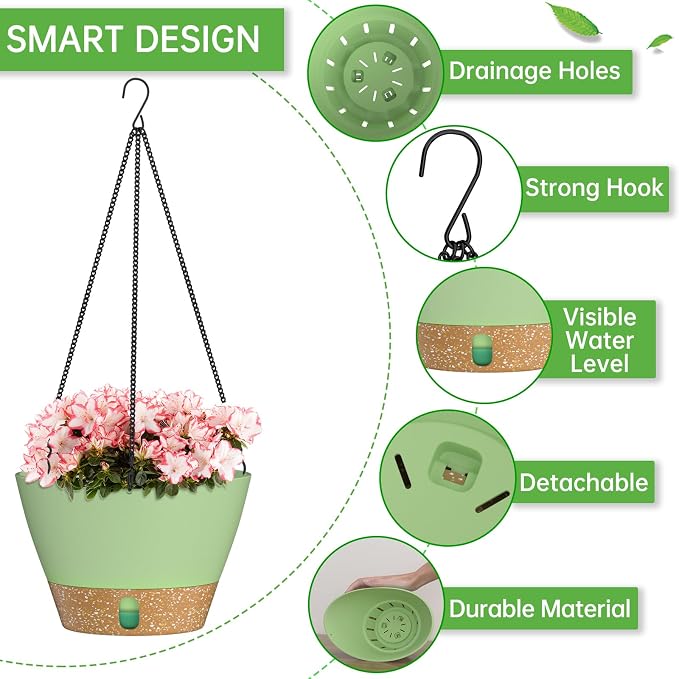 ZMTECH 2 Pack 8 Inch Hanging Baskets for Plants Outdoor Indoor, Modern Green Planters with Water Level Window & Metal Chain for Balcony Patio Garden Home Decor