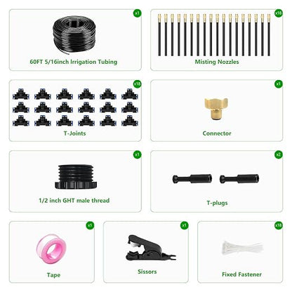 60FT Drip Irrigation System for Garden – Automatic Watering Kit with Solid Brass Metal Connectors, 360° Bendable Tubing &16 Adjustable Nozzles for Greenhouse, Lawn, Yard & Plants