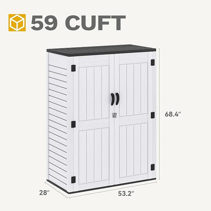 DWVO 59 Cu. Ft. Vertical Storage Shed, Weatherproof Outdoor Tall Cabinet with Double-Wall Panels and Floor, Lockable Resin Shed for Garden, Garage, Patio, Light Gray (Shelves Not Included)