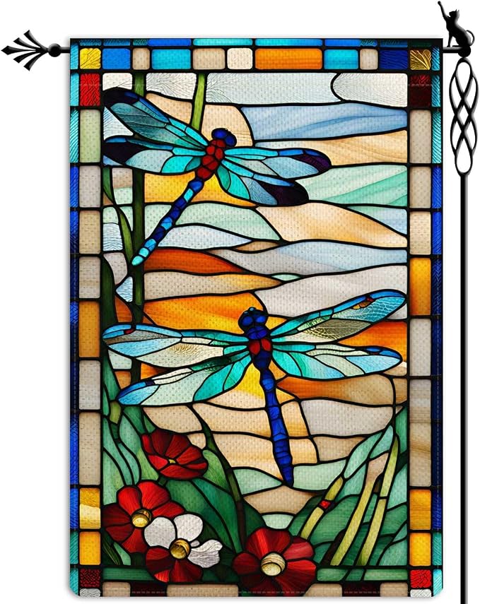 Spring Summer Dragonfly Garden Flag Glass Style Flowers Garden Flag Vertical Double Sided Rustic Farmland Burlap Yard Lawn Outdoor Decor 12.5x18"