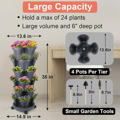 GameXcel Vertical Planter Tower - 6 Tier Stackable Garden Planters with Wheels and Tools Plant Pots for Strawberry Herb Flower and Vegetable Indoor Outdoor Use Dark Gray
