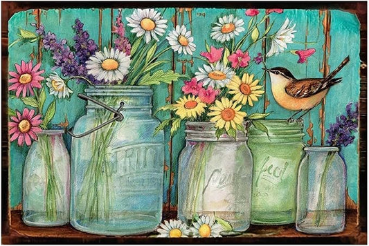 Korrazi Flowers-Sign Metal-Poster Wall-Art Bird-Décor, Colorful Rustic Style Flowers Jars, Yard Garage Farm Outside Garden Plaque Outdoor for Home Fence 8 X 12 Inch
