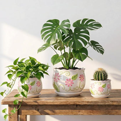 STHIE Pink Ceramic Flower Pots, 4"+5.2"+6.6" Inch Small Flower Pots for Indoor Plant with Drainage Hole,Modern Decorative Plant Pots Set of 3, Indoor Planters with Saucer