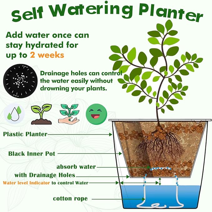 Planterhoma 5 Inch Self Watering Pots for Indoor Plants, 12 Packs African Violet Pots with Indicator, Black Wick Pot with Drainage Holes, Self Watering Planters for Orchid, Devil's Ivy, White