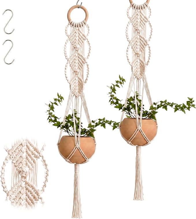 Shappy 2 Pack Boho Macrame Plant Hanger, Large Hanging Planter Plant Holder Pot Hanger Hanging Basket Wall Planters, Plants Lover Gift for Indoor Garden (Wooden Ring Macrame,Cream)