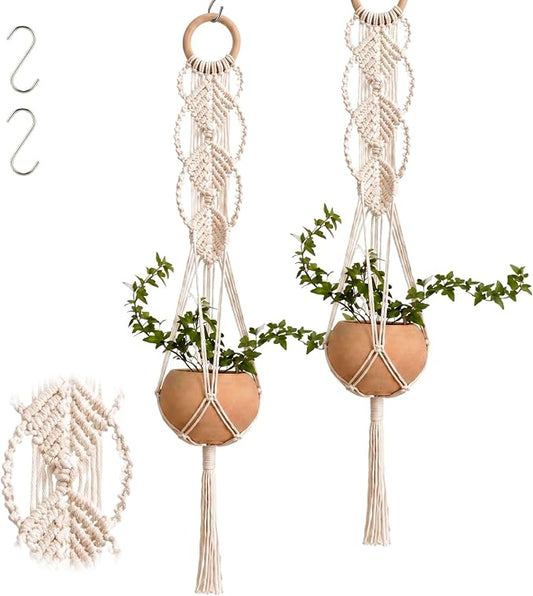 Shappy 2 Pack Boho Macrame Plant Hanger, Large Hanging Planter Plant Holder Pot Hanger Hanging Basket Wall Planters, Plants Lover Gift for Indoor Garden (Wooden Ring Macrame,Cream)