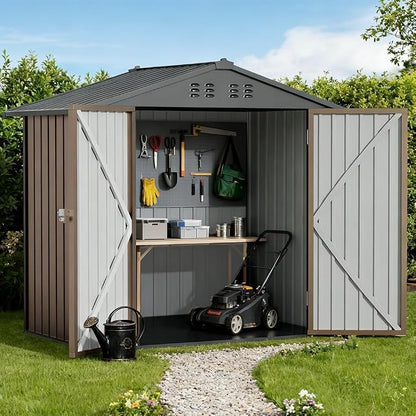 COMHOMA 6'x4' Shed Outdoor Storage Metal, Weatherproof Garden Utility Tool House with Lockable Doors & Adjustable Shelving, Ventilated Backyard Workshop,Brown