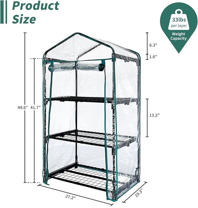 3 Tier mini Indoor Greenhouse Upgraded with Shelf Clips,27"x19"x50" Greenhouse for Indoors&greenhouses for Outdoors with PVC Cover and Roll-Up Zipper Door