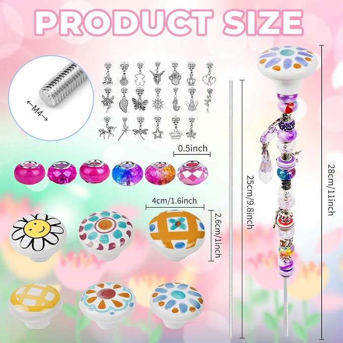 178 Pcs DIY Beaded Garden Stakes Kit with Cartoon Stoppers | Garden stakes kit with beads colorful crystal stoppers DIY fairy wands, garden decor, outdoor crafts