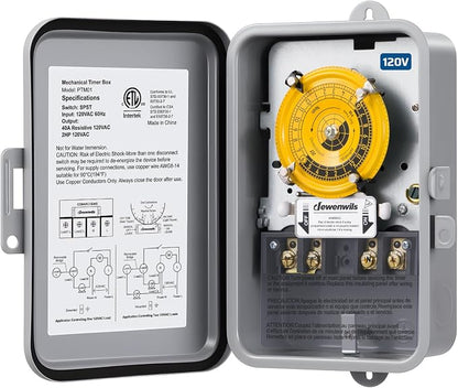 DEWENWILS 24-Hour Mechanical Timer Switch - 120VAC SPST, 2HP 40A, Metal Enclosure, Heavy Duty, Manual Override, Ideal for Pool Pump, Water Heater, Lights and Fans, Weatherproof, ETL Listed, Gray