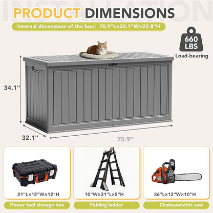 270 Gallon HDPE Deck Box Outdoor Indoor Waterproof Storage Box for Patio Furniture, Pool Accessories, Garden Tools, and Cushion Storage, Gray