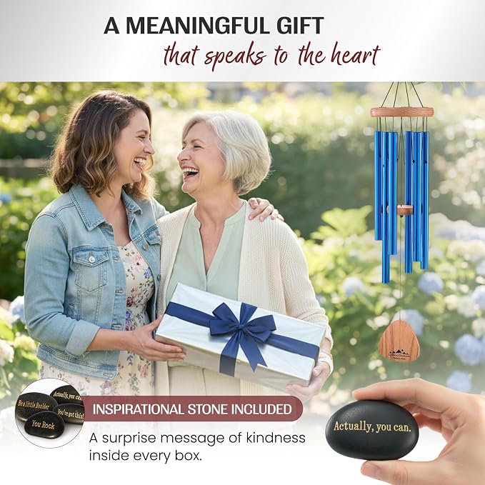 Blue Wind Chimes for Outside Deep Tone, 29 Inch Hand Tuned B Major Pentatonic Soprano Wind Chime with Decorative Kindness Stone, Outdoor Garden Patio Porch Decor, Meaningful Sympathy Memorial Gift