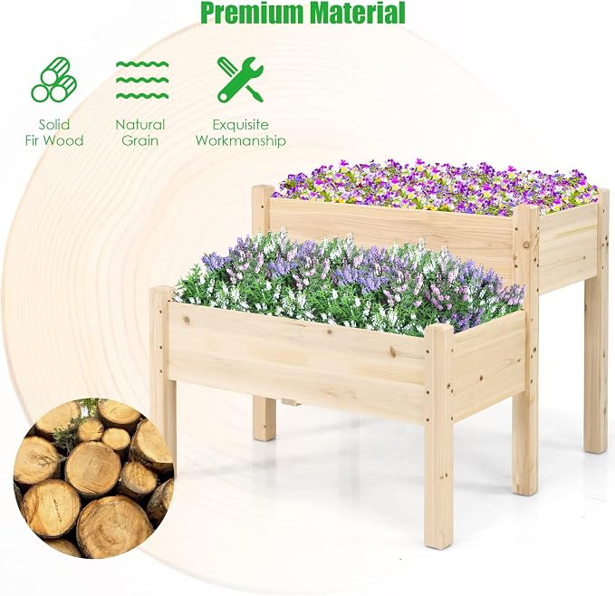 COSTWAY Raised Garden Bed, 2-Tier Wooden Elevated Planter Box Stand with Legs for Vegetables, Flowers Herbs, Outdoor Indoor Garden Bed Kits for Backyard, Patio, Balcony Patio, Natural