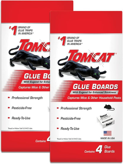 Tomcat Glue Boards with Eugenol for Enhanced Stickiness, 8 Boards | Sticky Traps for Mice, Cockroaches & Insects, Flat or Covered Use, Ready-To-Use, 2 Packages Each with 4 Glue Boards