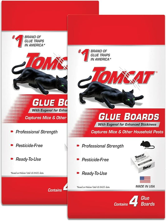 Tomcat Glue Boards with Eugenol for Enhanced Stickiness, 8 Boards | Sticky Traps for Mice, Cockroaches & Insects, Flat or Covered Use, Ready-To-Use, 2 Packages Each with 4 Glue Boards