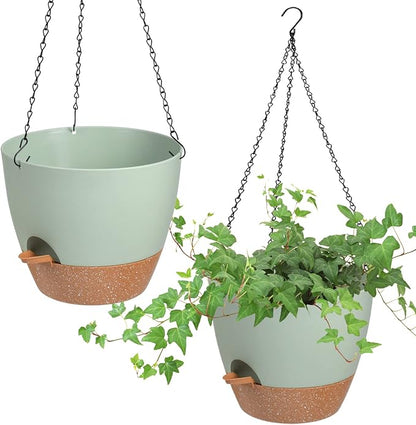 Vanslogreen Hanging Planters for Indoor Outdoor Plants, 2 Pack Self Watering Hanging Pot with Drainage Holes & Removable Tray (Green, 8'')