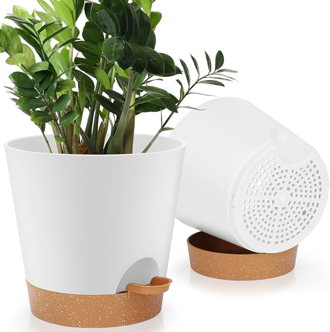 YNNICO 8-Inch Plant Pots, Self-Watering Planters with Drainage Holes & Saucers for Indoor and Outdoor Plants (2-Pack, White)