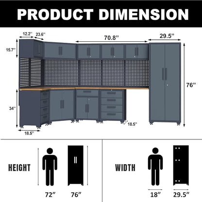 15PCS Corner Garage Storage Cabinet System, Heavy Duty Workshop Set, Corner Cabinet Includes Workbench, Pegboard & Lockable Drawers Metal Tool Organization System for Garage Workshop