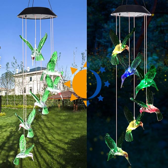 Wind Chime, Solar Hummingbird Wind Chimes Outdoor/Indoor,Birthday Gifts for Mom Grandma,Mother Outdoor Decor,Yard Decorations,Memorial Wind Chimes,Mom's Best Gifts,